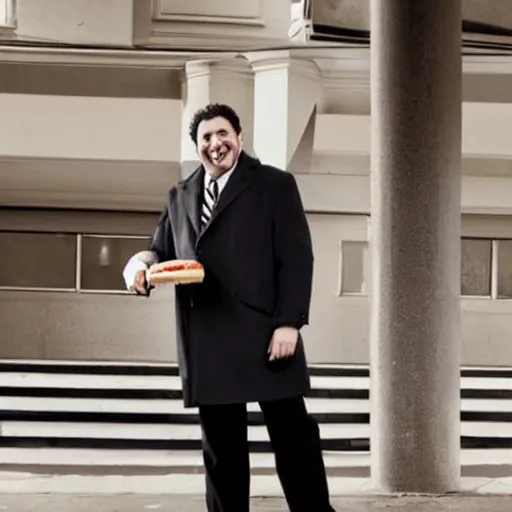 Image similar to full length shot : : clean - shaven smiling white chubby italian american man in his 4 0 s wearing a long brown overcoat and necktie and black shoes shoes shoes holding a burger, 2 0 0 6 advertising promo shot