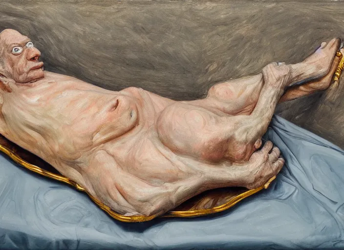 Image similar to Real life Homer Simpson, deceased in a casket, painted by Lucian Freud, highly detailed, 8k