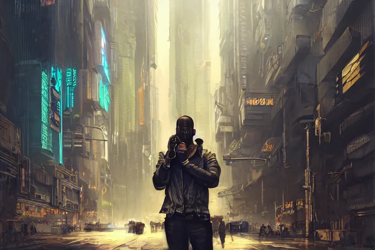 Image similar to A cyberpunk very highly detailed camera man with black skin, short hair cut, tiny thin mustache, thin face, with very highly detailed face on the street of a very highly detailed smooth cyberpunk city digital concept art by Greg Rutkowski, neofuturistic highly detailed, digital concept art, Dimensional cyan gold natural light, sharp focus, Golden Ratio illustration, realistic concept art by Stephen Hickman and James Gurney and Hiromasa Ogura Ghost in the Shell rendered in Octane Render, From the distance