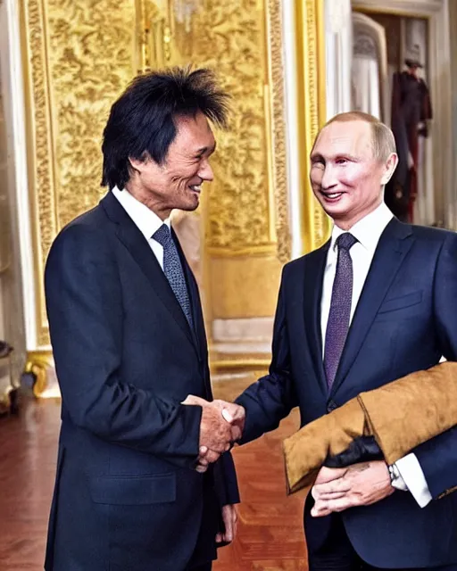 Image similar to sixty years old viktor tsoi with joyful look in a business suit shaking hands with vladimir putin, in kremlin, color photo, mid shot photo, digital photo, high resolution