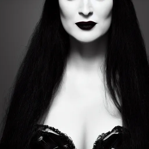 Image similar to dslr portrait photo of morticia addams, f 2. 8, iso 4 0 0,, 4 k, photorealistic, cinematic, masterpiece,