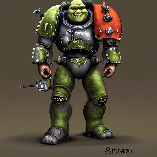 Image similar to shrek wearing warhammer space marine armor art 4 k deviantart artstation dynamic pose no helmet