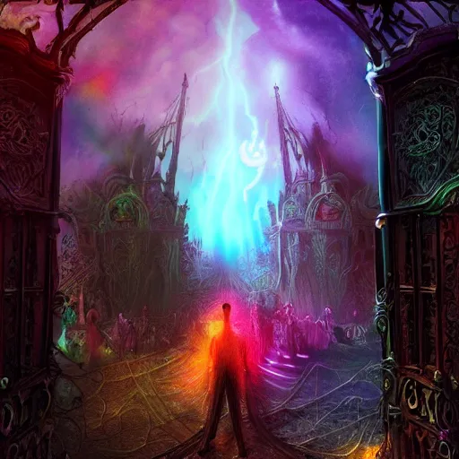 Prompt: [ palate ] [ vibrant gothic colors ] lost 👾 👽 souls congregating and waiting in line at a giant iron gate, vibrant neon nebulous clouds, radiant light rays, photorealistic illustration, intricate and fine details, volumetric lighting, artstation, god figure at the gate - w 1 0 2 4