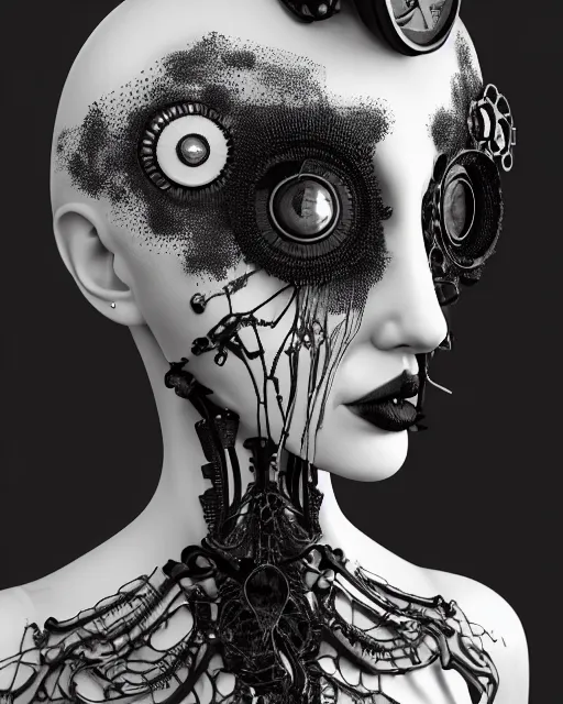 Image similar to black and white dreamy foggy smoky profile face portrait, one silver steampunk eye biomechanical beautiful young female cyclope - cyborg - robot bust, body ribs meshes,, volumetric light, hibiscus flowers, rim light, by hg giger and cecile beaton, big gothic fashion pearl embroidered collar, 8 k