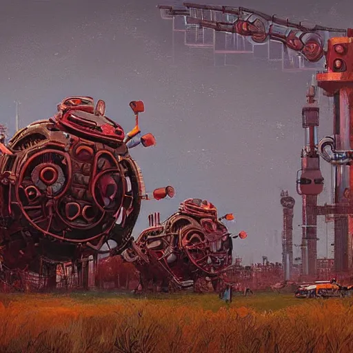 Image similar to the wretched mechanical giants who plague our kingdom, art by Simon Stalenhag