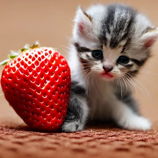 Image similar to macro shot photograph of an extremely tiny baby kitten on top of a strawberry that is bigger than it