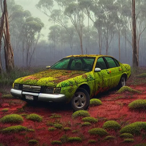 Prompt: hyper _ realistic _ painting _ of _ an _ australian _ landscape _ an _ abandoned _ holden _ commodore _ covered _ with _ moss. _ by _ simonstalenhag