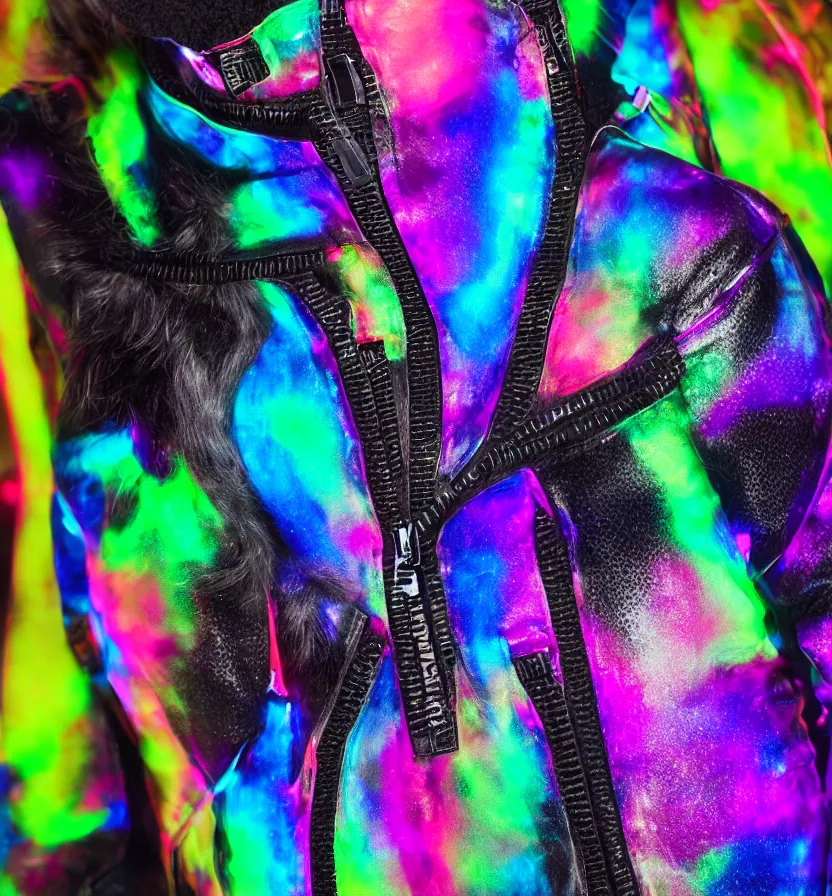 Image similar to autumn season rave jacket with led skin and fluffy lining in the style of cyberdog, futuristic psychedelic hippy, product shot, dark background, neon lighting