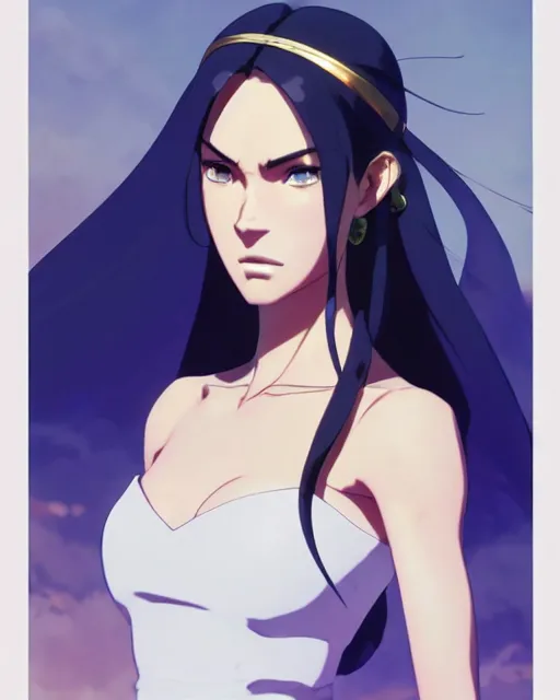 Image similar to azctec, megan fox, gemstone forehead, detailed perfect face, exquisite details, fire magic, mid view, design on a white background, by studio muti, greg rutkowski makoto shinkai takashi takeuchi studio ghibli