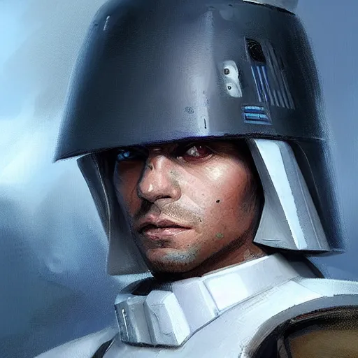 Image similar to portrait of a man by greg rutkowski, a soldier of the new galactic republic, wearing a white, blue and orange tactical gear, star wars expanded universe, highly detailed portrait, digital painting, artstation, concept art, smooth, sharp foccus ilustration, artstation hq