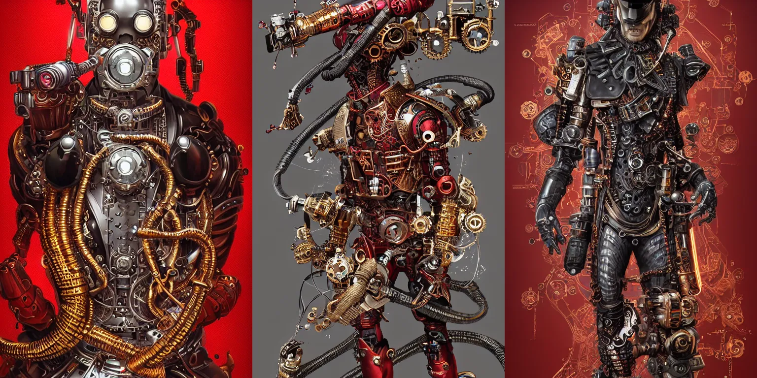 Prompt: Portrait of a steampunk sci-fi cyborg ninja, third person, D&D, sci-fi fantasy, cogs:1000, hoses:10, intricate, red and gold, highly detailed, art by Range Murata, highly detailed, 3d, octane render, bright colors, digital painting, trending on artstation, sharp focus, illustration style of Stanley Artgerm,