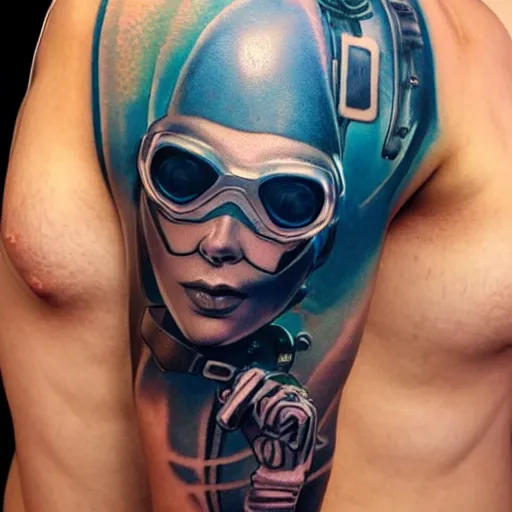 Image similar to cyberpunk underwater diver tattoo design, on white skin, by artgerm