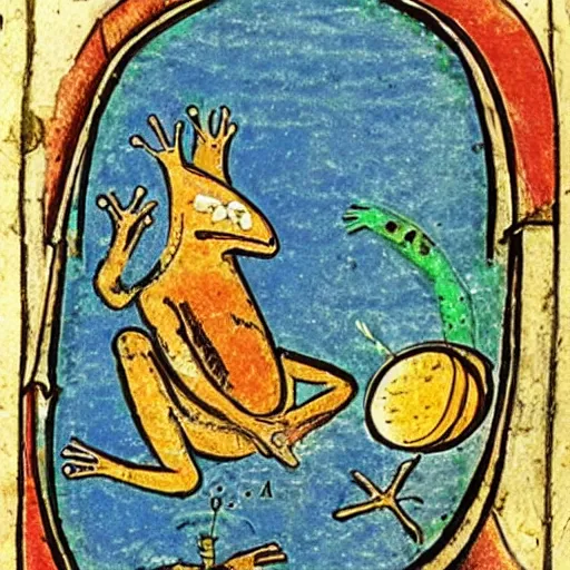 Prompt: medieval illustration of a frog practicing alchemy, illuminated manuscript -n 9