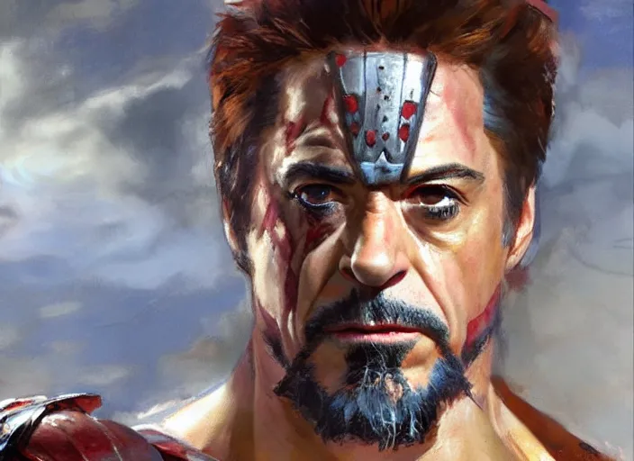 Image similar to a highly detailed beautiful portrait of robert downey jr as kratos, by gregory manchess, james gurney, james jean