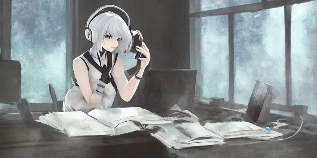 Prompt: 2b from nier automata sitting at a desk studying with headphones on in front of a laptop, background is a tinted window looking out into a white church, Ghibli studio art, high quality anime, photoshop, digital art, detailed facial features