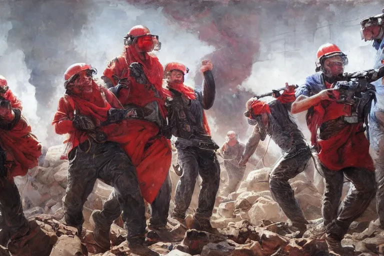 Image similar to intense dramatic still of a ragtag group of miners!!!! and factory workers with improvised weapons and pistols and red scarves around their necks, on the surface of an asteroid, outside of a high tech scifi industrial building, medium shot, oil painting by charles frederic ulrich, pablo olivera, normal rockwell, greg rutkowski, trending on artstation, incredible detail