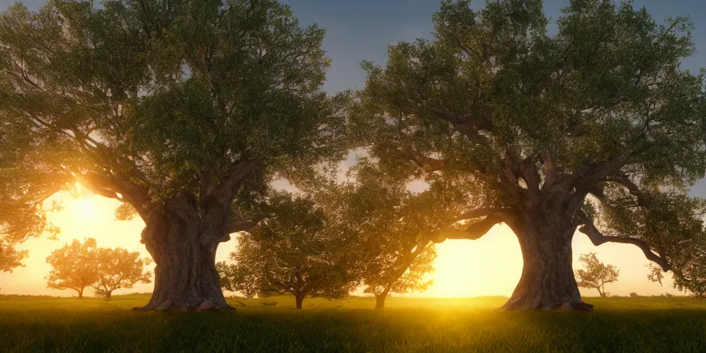 Image similar to gigantic oak tree. sunset landscape. hd. photorealistic. 8 k. octane render.