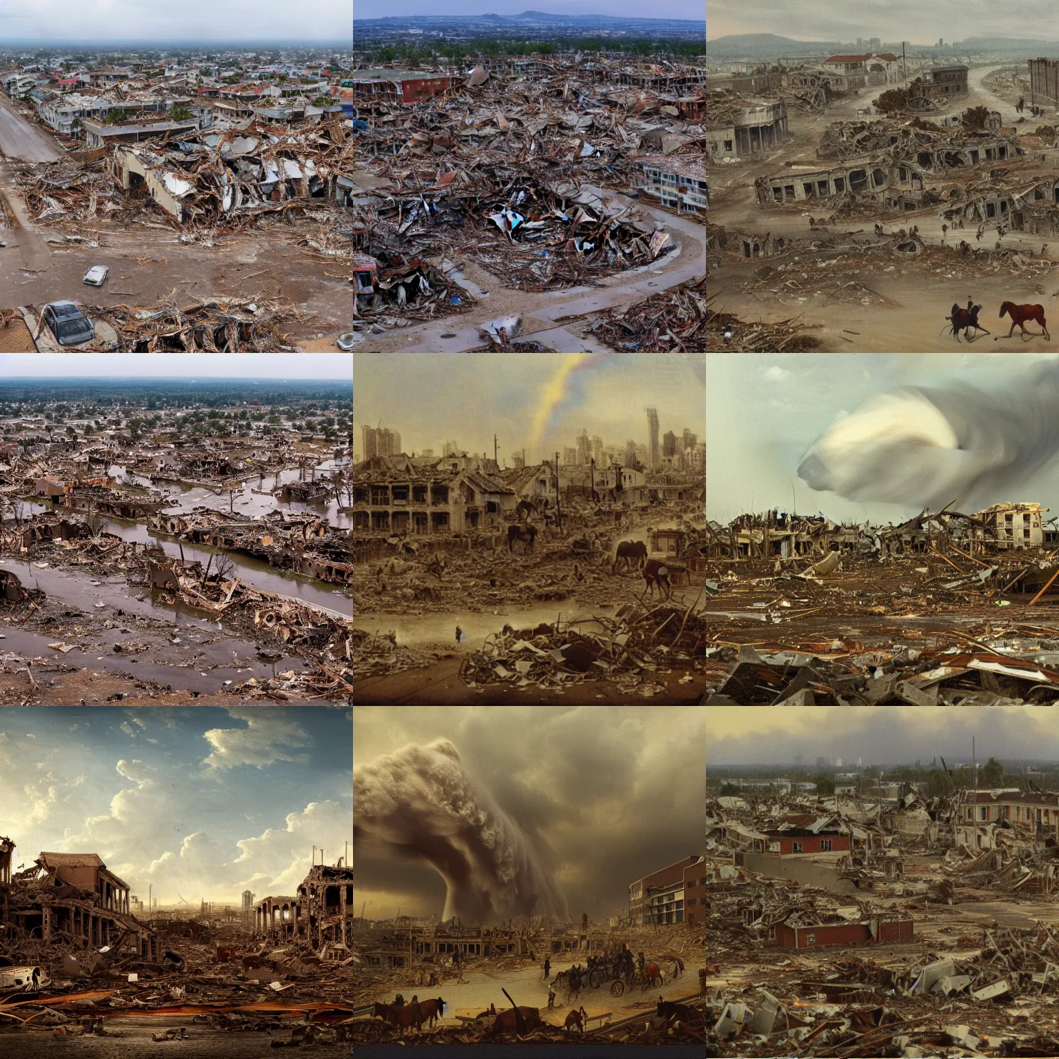 Prompt: photograph of a city destroyed by a horse tornado, tornado filled with horses, horses in tornado, horsenado, 8 k resolution