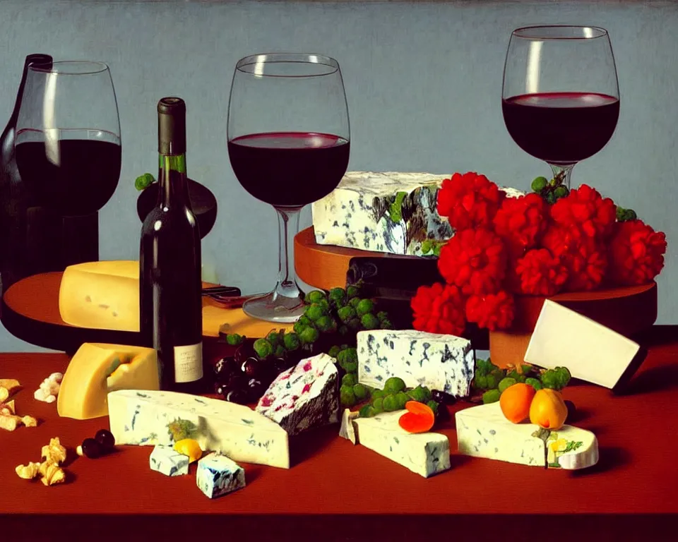 Prompt: an achingly beautiful still life featuring blooming flowers, cheeses, and flowing red wine by Raphael, Hopper, and Rene Magritte. detailed, romantic, studio lighting, enchanting, trending on artstation.