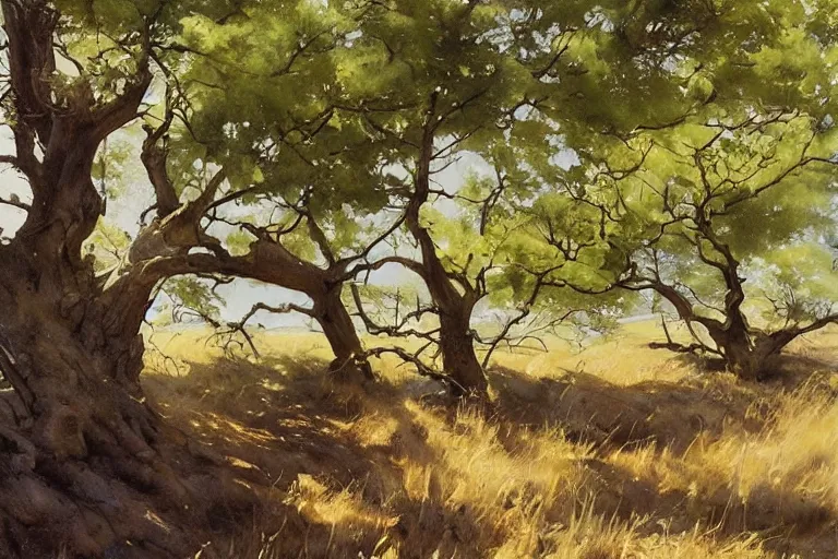 Trees across the gulch, a tinted sumi ink painting - Julia van der Wyk,  Artist