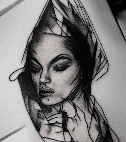 Prompt: tattoo design sketch of a beautiful woman face with a realistic mountain scenery on the womans side, hyper - realistic, double exposure effect, in the style of matteo pasqualin, amazing detail, black and white, faded