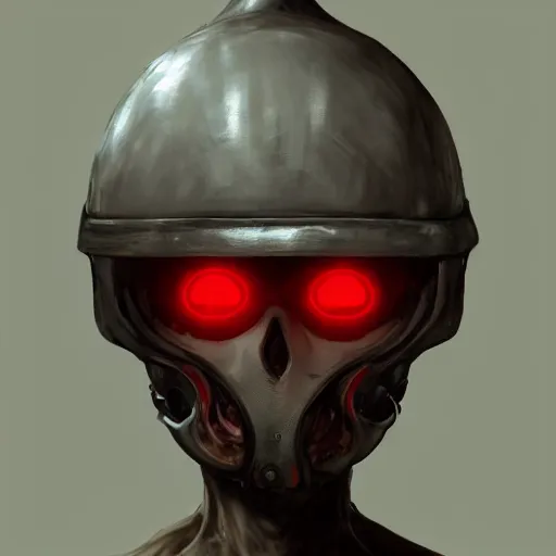 Image similar to a withered humanoid, wearing a round helmet, wearing red eye visor covering eyes, futuristic, industrial sci fi, artstation