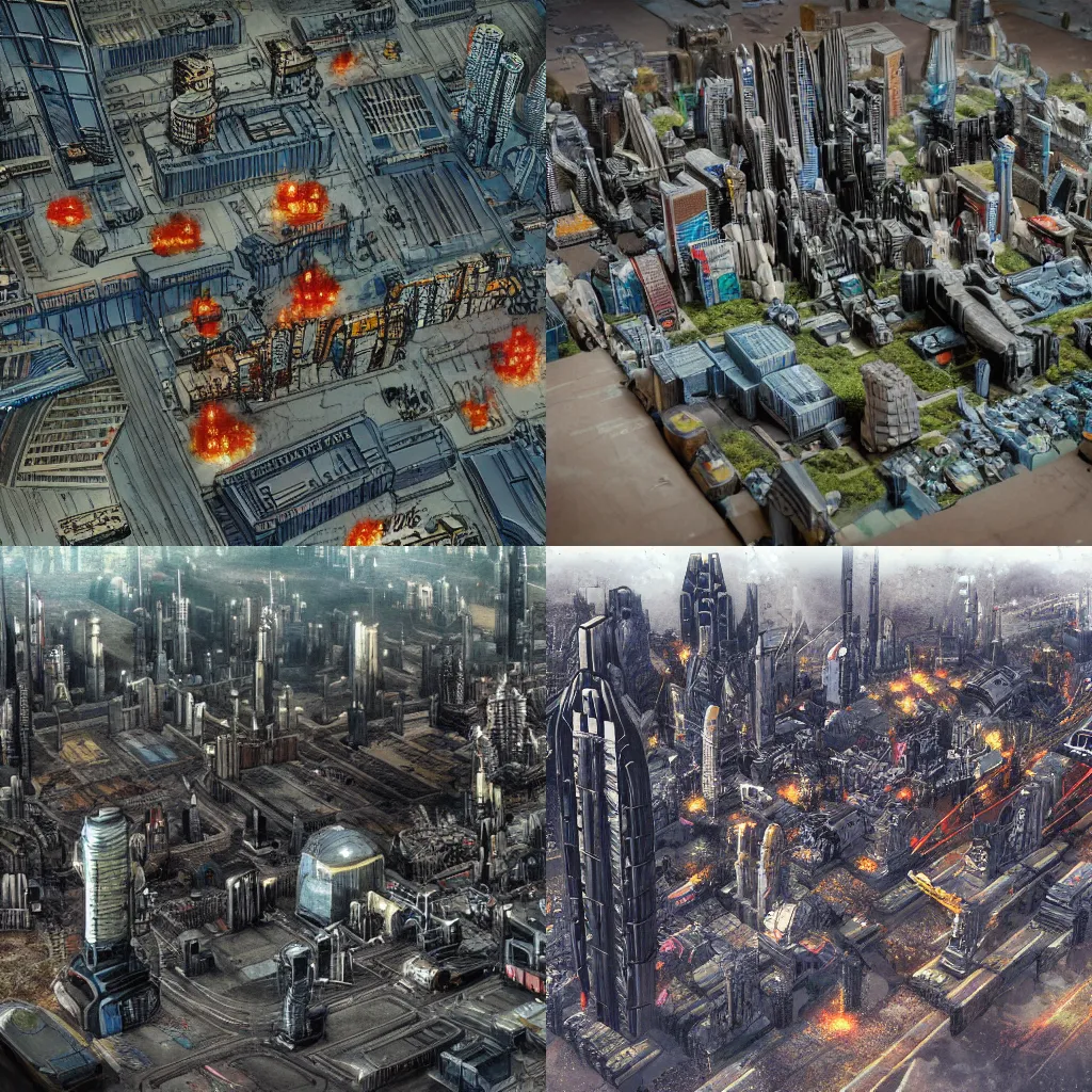 Prompt: aerial photo of 2000AD Mega City One, tilt shift, concept art