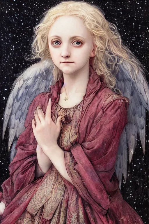Prompt: breathtaking detailed painting of luna lovegood, by ayami kojima and brom, gauze angel dress, detailed realistic facial features, amalgamation of magical stars, 8 k, concept art, matte, sharp focus, rembrandt style