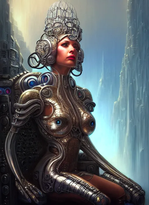 Prompt: closeup portrait shot of beautiful queen on cybertronic throne in a scenic dystopian environment, intricate, elegant, highly detailed, centered, digital painting, artstation, concept art, smooth, sharp focus, illustration, artgerm, tomasz alen kopera, peter mohrbacher, donato giancola, joseph christian leyendecker, wlop, boris vallejo