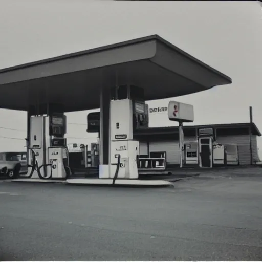 Image similar to polaroid photograph of a gas station from 1 9 6 8