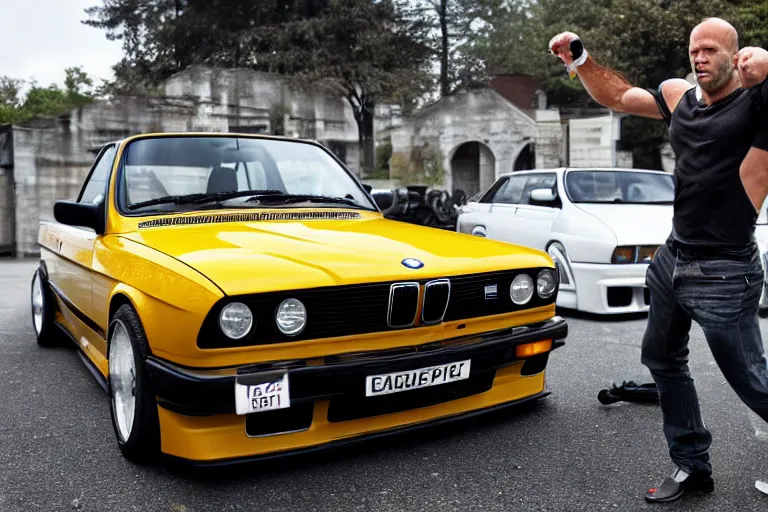 Image similar to Angry Jason Statham lifts BMW e30 that sits above him