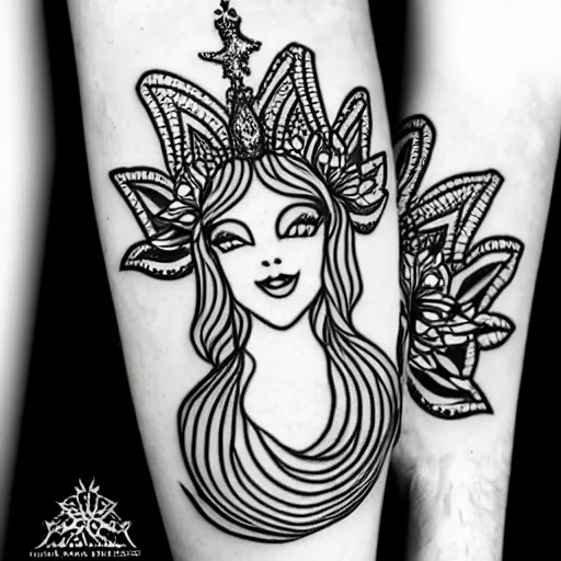 Image similar to a peaceful meditative mermaid wearing a crown, full body, symmetrical, highly detailed black and white new school pinup tattoo design