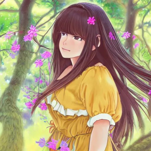 Prompt: colorful and cute young plus size hispanic anime girl with tan skin, brown long hair with bangs, wearing yellow floral dress in a forest. close up, pastel colors, ambient lighting, soft lighting, 4 k, atmospheric lighting, painted, intricate, highly detailed by natsuki takaya