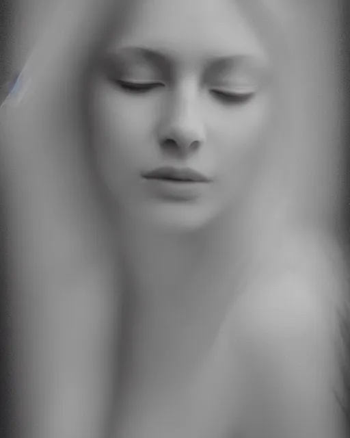 Image similar to photorealistic portrait of a beautiful young woman, very blurry, out of focus, translucent stone white skin, closed eyes, foggy, closeup