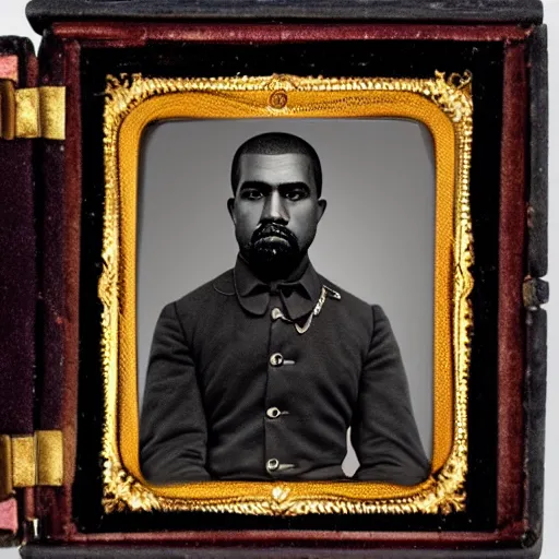 Image similar to daguerreotype portrait of kanye west wearing a confederate officer uniform, 8 k, very detailed, very intricate,