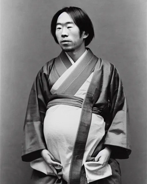 Prompt: 1800's photograph of a heavily pregnant handsome!!! Japanese man in his 20s wearing a kimono, high quality image