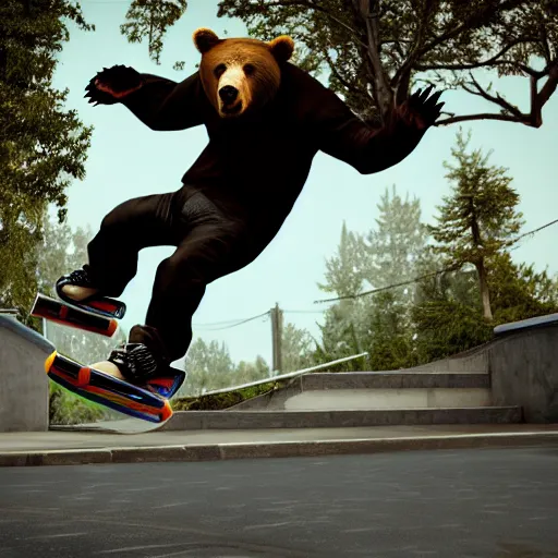 Image similar to a bear rips off tony hawk's legs, photograph, hyper realistic, outdoors, midafternoon, 4 k, artstation, unreal engine, cinematic