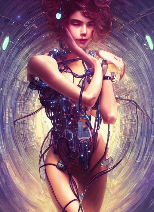 Image similar to beautiful young woman, cybernetic, wires, technology, vaporwave aesthetic, synthwave, intricate, elegant, highly detailed, digital painting, artstation, concept art, smooth, sharp focus, illustration, art by artgerm and greg rutkowski and alphonse mucha