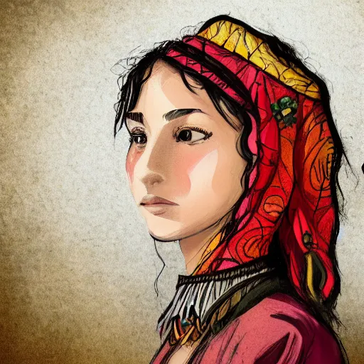 Prompt: spanish indigenous village veiled vivid colors girl illustration concept art