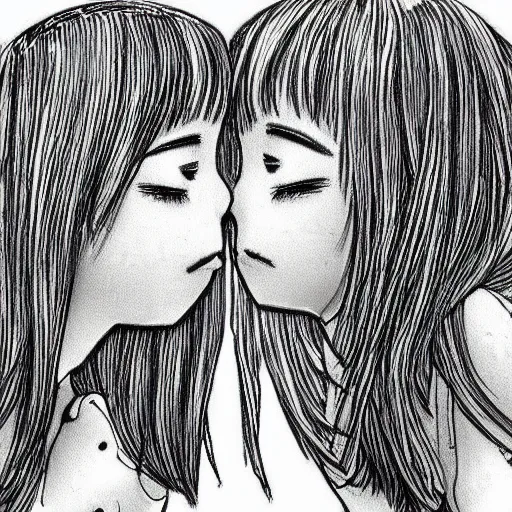 Image similar to portrait of two girls kissing, detailed manga art