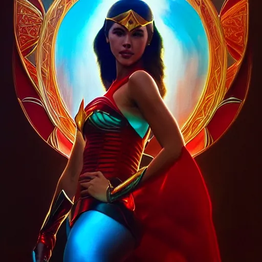 Image similar to catriona gray as darna, volumetric lights, red and cyan theme, art nouveau botanicals, intricate, highly detailed, digital painting, artstation, concept art, smooth, sharp focus, cinematic, illustration, beautiful face, art by artgerm and greg rutkowski and alphonse mucha