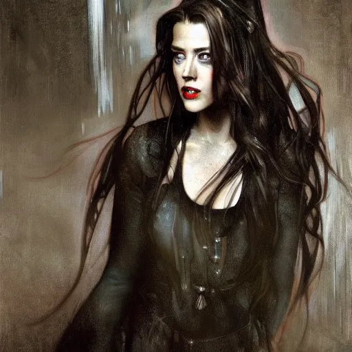 Prompt: hyperrealist portrait of amber heard as a vampire witch at a library. by jeremy mann and alphonse mucha, fantasy art, photo realistic, dynamic lighting, artstation, poster, volumetric lighting, very detailed faces, 4 k, award winning