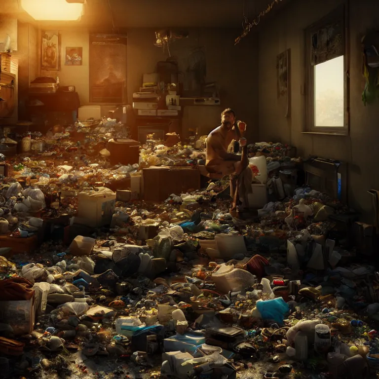 Prompt: a cinematic shot of a hoarder in a room filled with garbage, claustrophobic, octane render, volumetric lighting, nvidia raytracing demo, by Andy Thomas, Mario Martinez, Daniel Mirante, Gustave Dore, Artstation, CGsociety, masterpiece