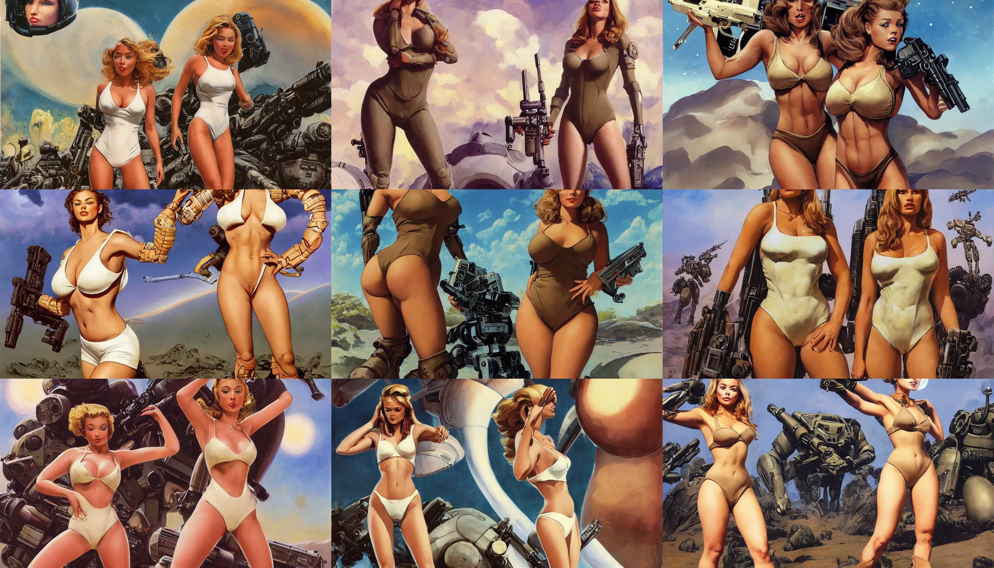 Prompt: A mixed media portrait painting of a very beautiful light-brown-haired woman on an alien planet, very curvy, aesthetic! high-waisted white-bikini-armr and boots, starship-troopers-rifle, bombshell, aesthetic symmetrical face and eyes, model, wet, pacific-rim-mech in background, by Frank Frazetta, Boris Vallejo, Beeple, Greg Rutkowski, Christian MacNevin, eighties pinup style, goddess, epic fantasy character art, high fantasy, CGsociety, exquisite detail, post-processing, masterpiece, cinematic