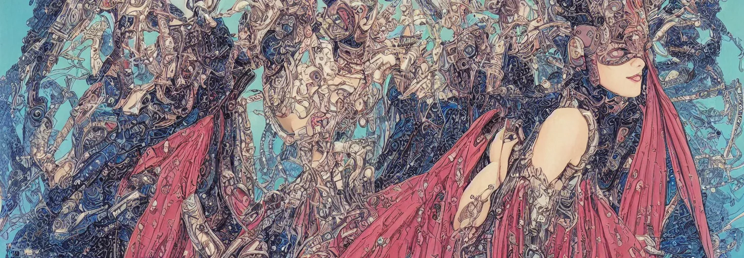 Image similar to beautiful portrait of the mysterious cybernetic masked figure, vogue cover, vogue poses, beautiful ornamental silk cape, intricate, highly detailed, masterful, fantasy world, sci fi world, in the style of moebius, akira toriyama, jean giraud