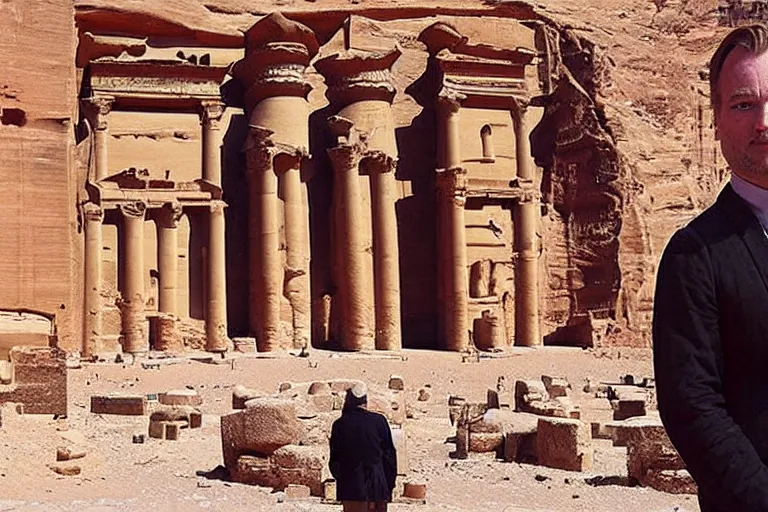 Prompt: “ a still from a 2 0 1 5 christopher nolan film about an evil wizard occupying the ancient city of petra ”