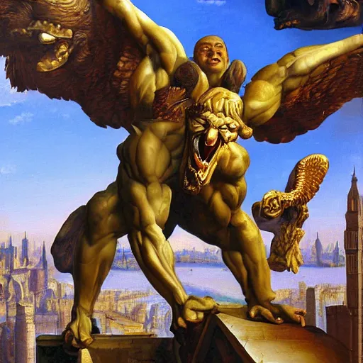 Prompt: an oil painting of a big, proud muscular Gargoyle, Renaissance painting, Renaissance Port City background, fangs, angel wings, 1450