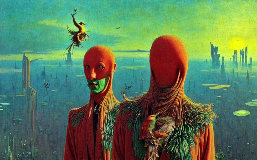 Prompt: realistic detailed portrait movie shot of a birdman wearing green robes, futuristic city sunset landscape background by denis villeneuve, yves tanguy, alphonse mucha, ernst haeckel, max ernst, roger dean, masterpiece, rich moody colours, feathers, ethereal, occult, blue eyes