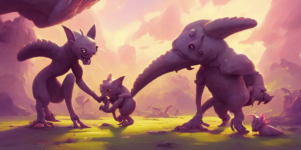Image similar to Aesthetic landscape painting of cute alien animals playing with each other , cgsociety, fantasy art, concept art , ambient occlusion, behance hd , concept art by Jesper Ejsing, by RHADS, Makoto Shinkai Cyril Rolando