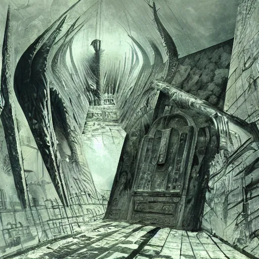 Image similar to the gate between reality and simulation, matte painting by ivan shishkin and roberto matta and dave mckean